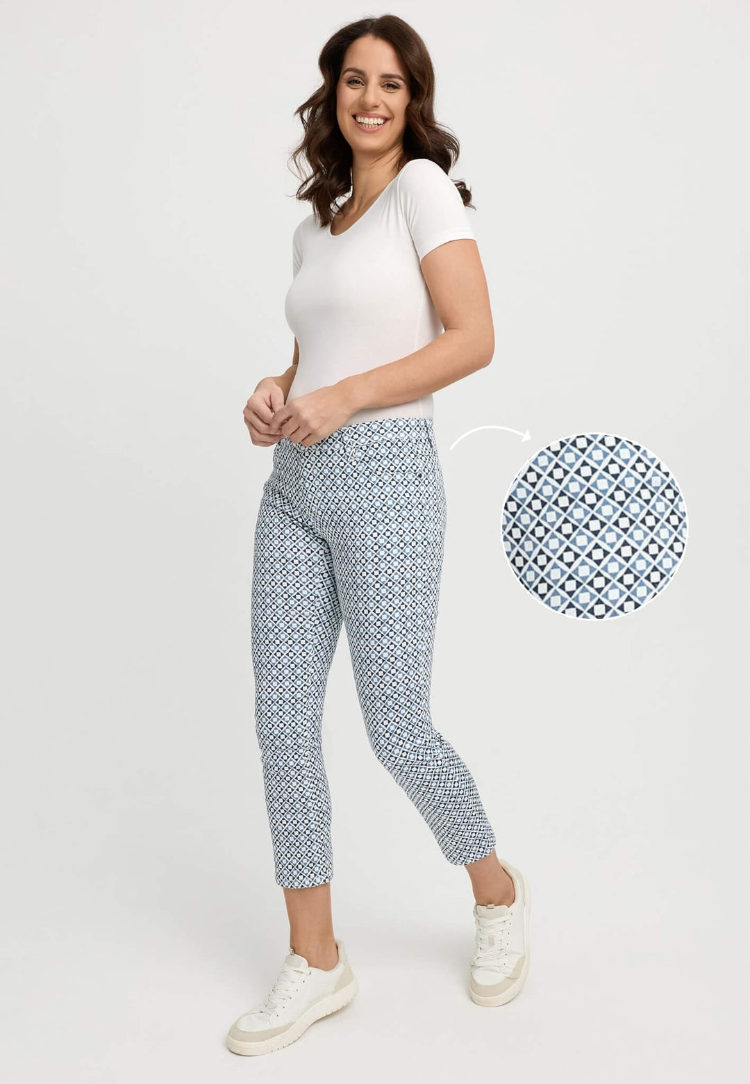 wonderjeans Ankle White Blue Mini Square Print