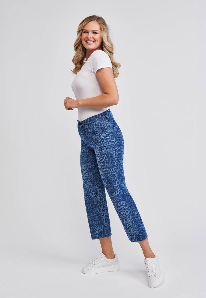 wonderjeans Relaxed Straight Ankle Blue Denim Leo Print