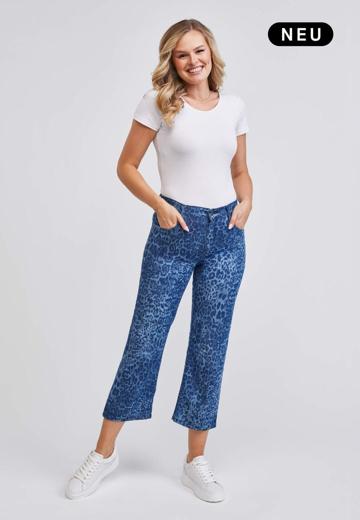 wonderjeans Relaxed Straight Ankle Blue Denim Leo Print